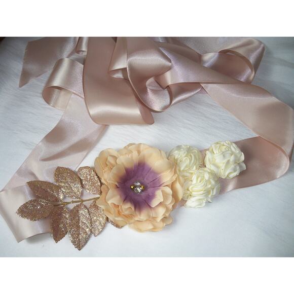 Blush Gold Applique Leaves Floral Rhinestone Bridal Wedding MOB Prom Party Belt - Picture 5 of 6